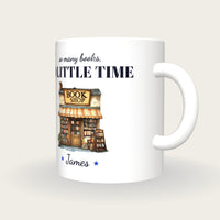 Personalised The Book Shop Mug, So Many Books So Little Time, three-quarter view