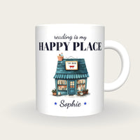 Personalised Tiny Book Shop Mug, Reading Is My Happy Place, front