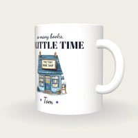 Personalised Tiny Book Shop Mug, So Many Books So Little Time, three-quarter view