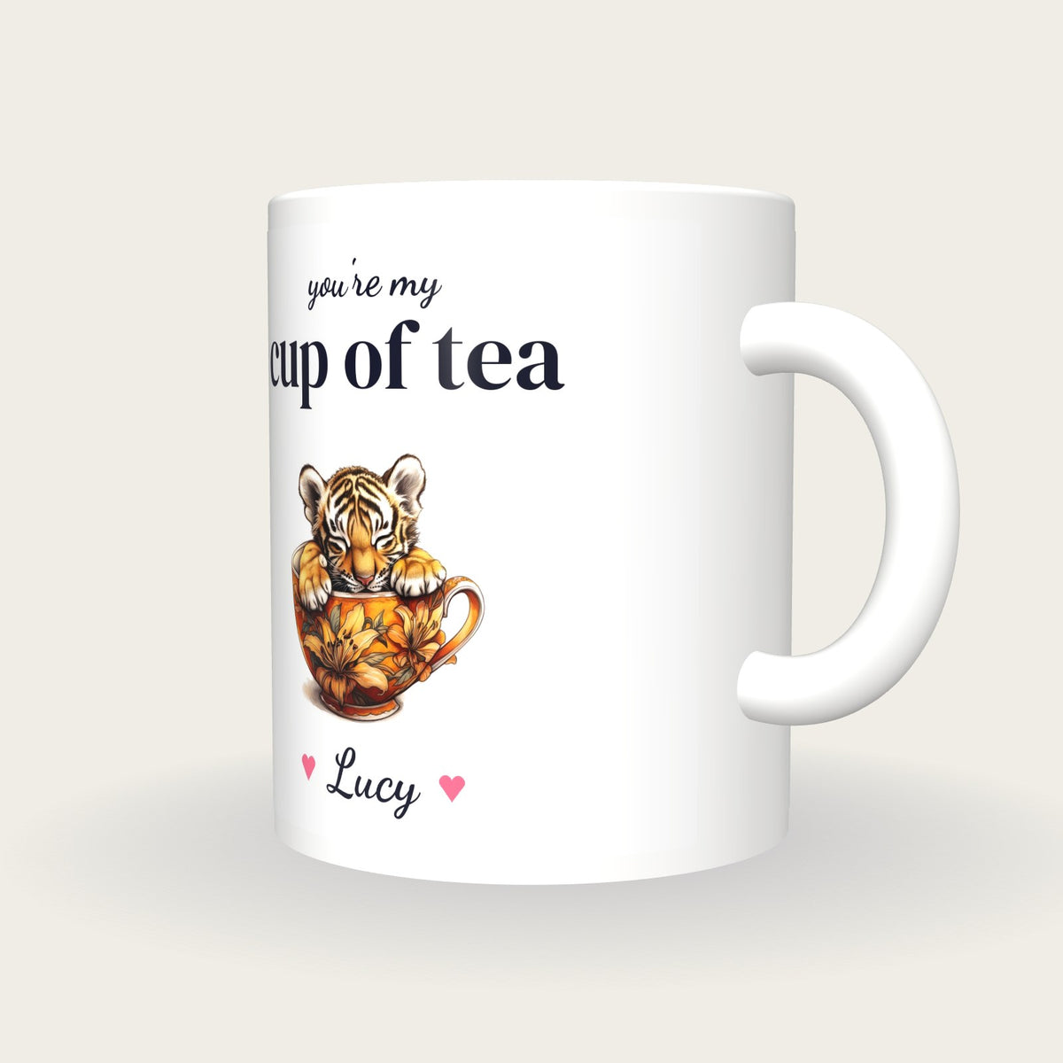 Personalised Tiger Cub Teacup Mug, You're My Cup Of Tea, three-quarter view
