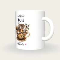 Personalised Tiger Cub Teacup Mug, But First Tea, three-quarter view