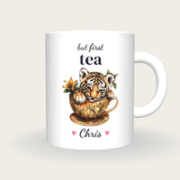 Personalised Tiger Cub Teacup Mug, But First Tea, front