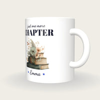 Personalised Vintage Books And Flowers Mug, Just One More Chapter, three-quarter view