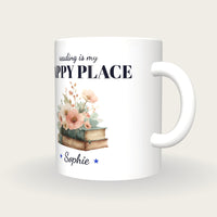 Personalised Vintage Books And Flowers Mug, Reading Is My Happy Place, three-quarter view