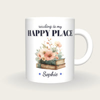 Personalised Vintage Books And Flowers Mug, Reading Is My Happy Place, front