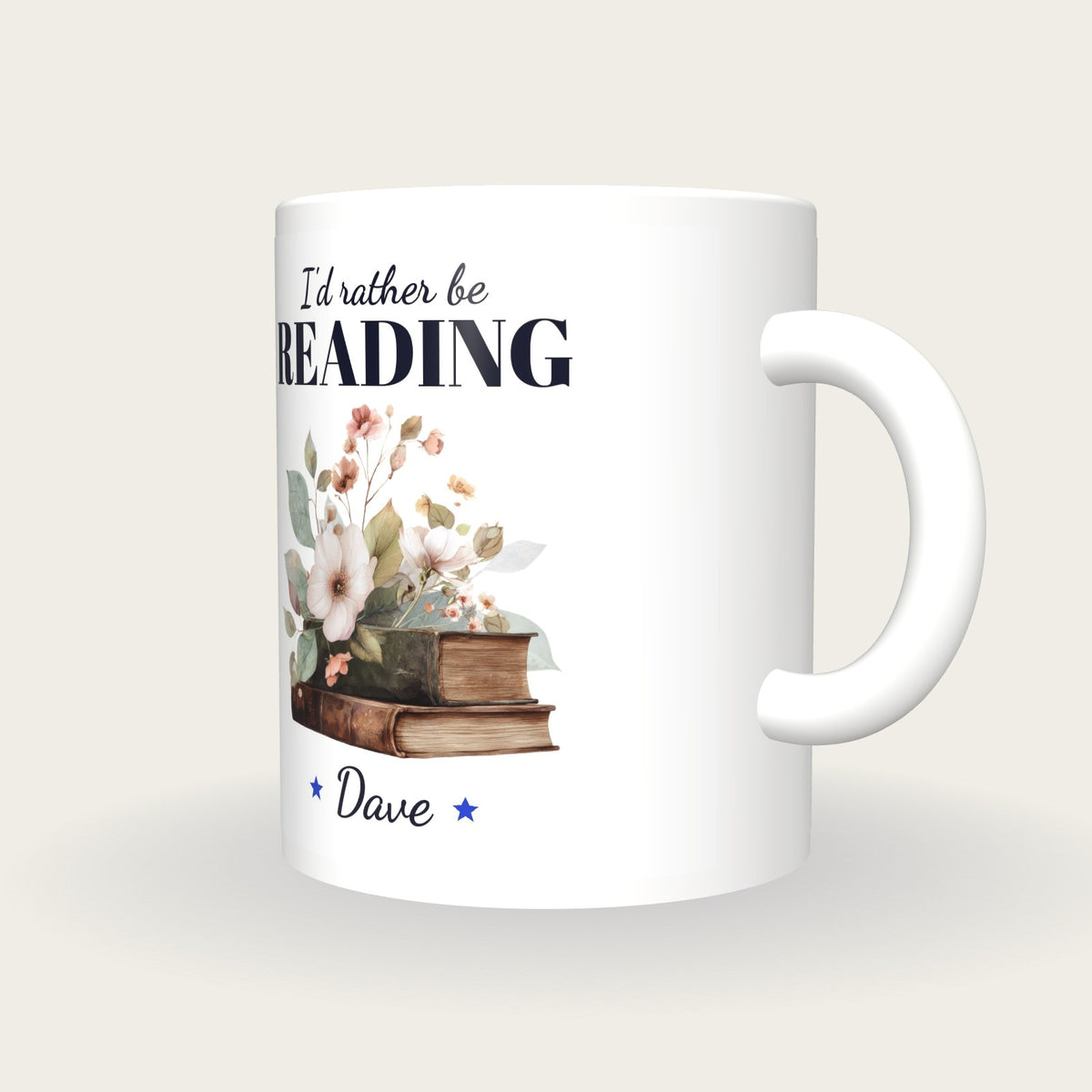 Personalised Vintage Books And Flowers Mug, I'd Rather Be Reading, three-quarter view