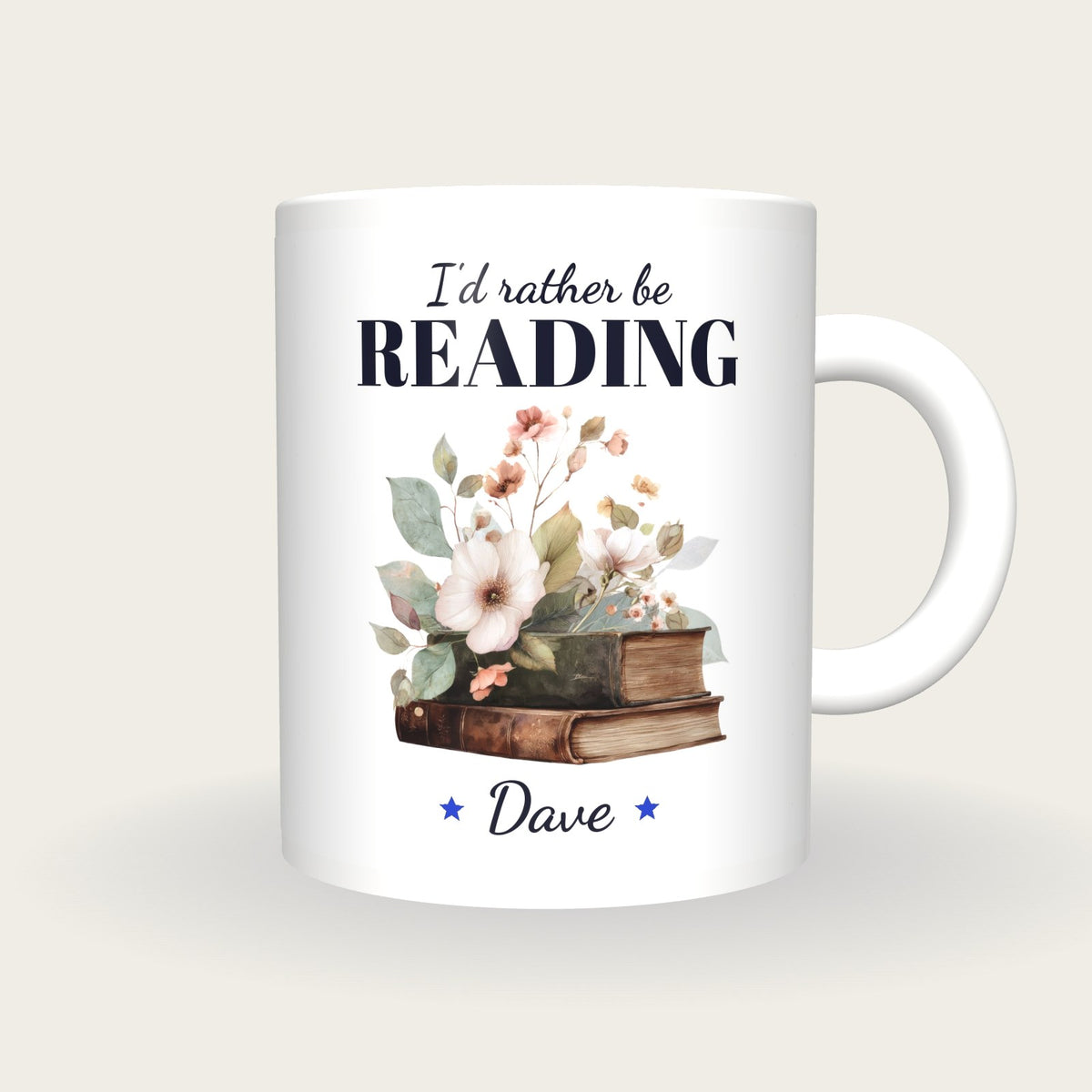 Personalised Vintage Books And Flowers Mug, I'd Rather Be Reading, front