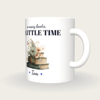 Personalised Vintage Books And Flowers Mug, So Many Books So Little Time, three-quarter view