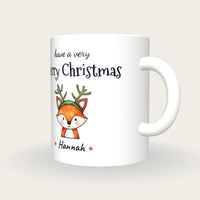 Personalised Christmas Fox Mug, Merry Christmas, three-quarter view