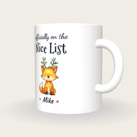 Personalised Christmas Fox Mug, On The Nice List, three-quarter view