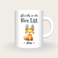Personalised Christmas Fox Mug, On The Nice List, front