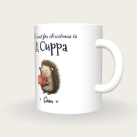 Personalised Christmas Hedgehog Mug, All I Want For Christmas Is A Cuppa, three-quarter view