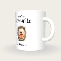 Personalised Christmas Hedgehog Mug, Santa's Favourite, three-quarter view