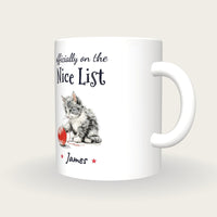Personalised Christmas Kitten Mug, On The Nice List, three-quarter view