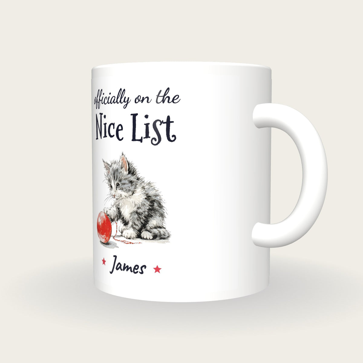 Personalised Christmas Kitten Mug, On The Nice List, three-quarter view