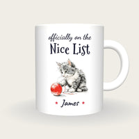 Personalised Christmas Kitten Mug, On The Nice List, front