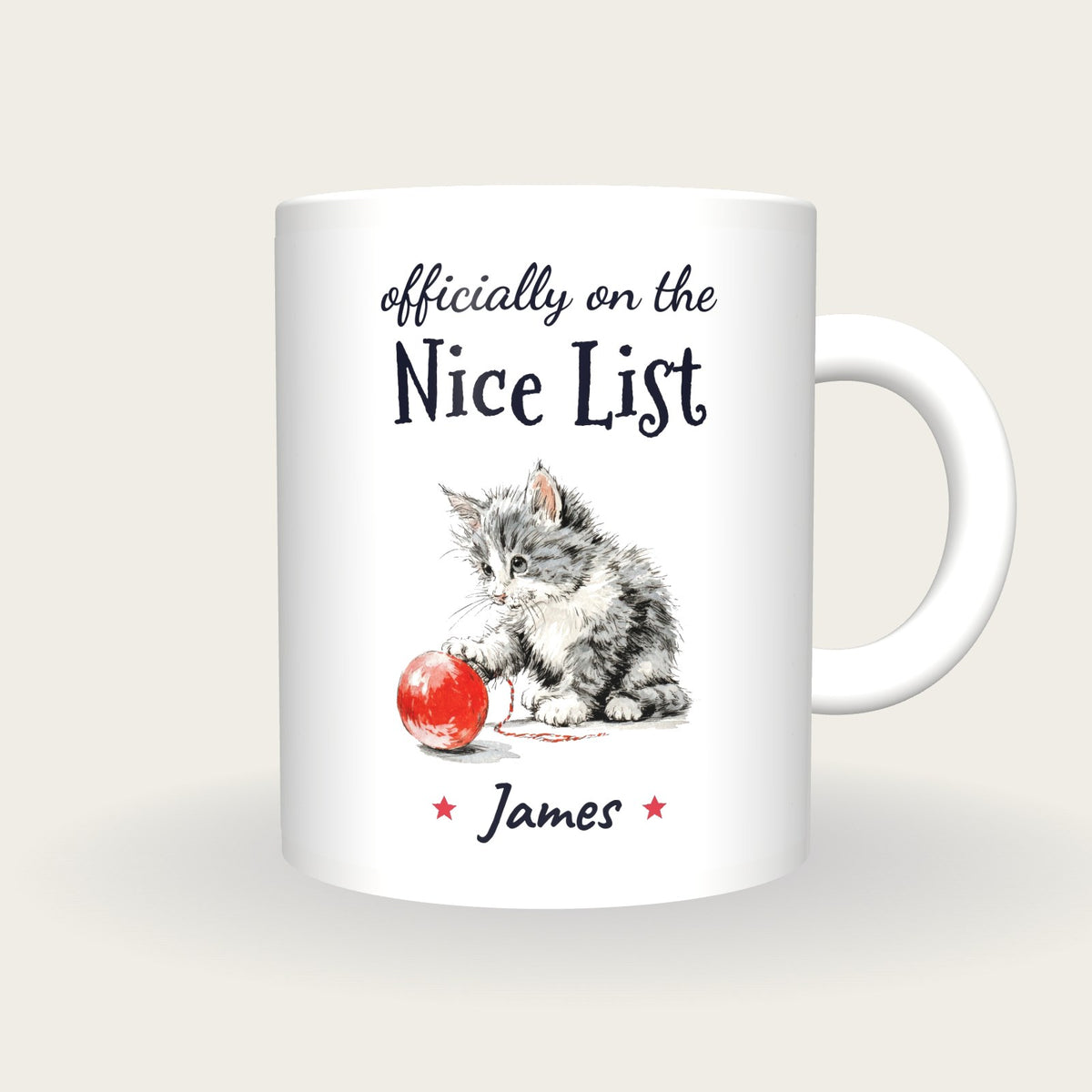 Personalised Christmas Kitten Mug, On The Nice List, front