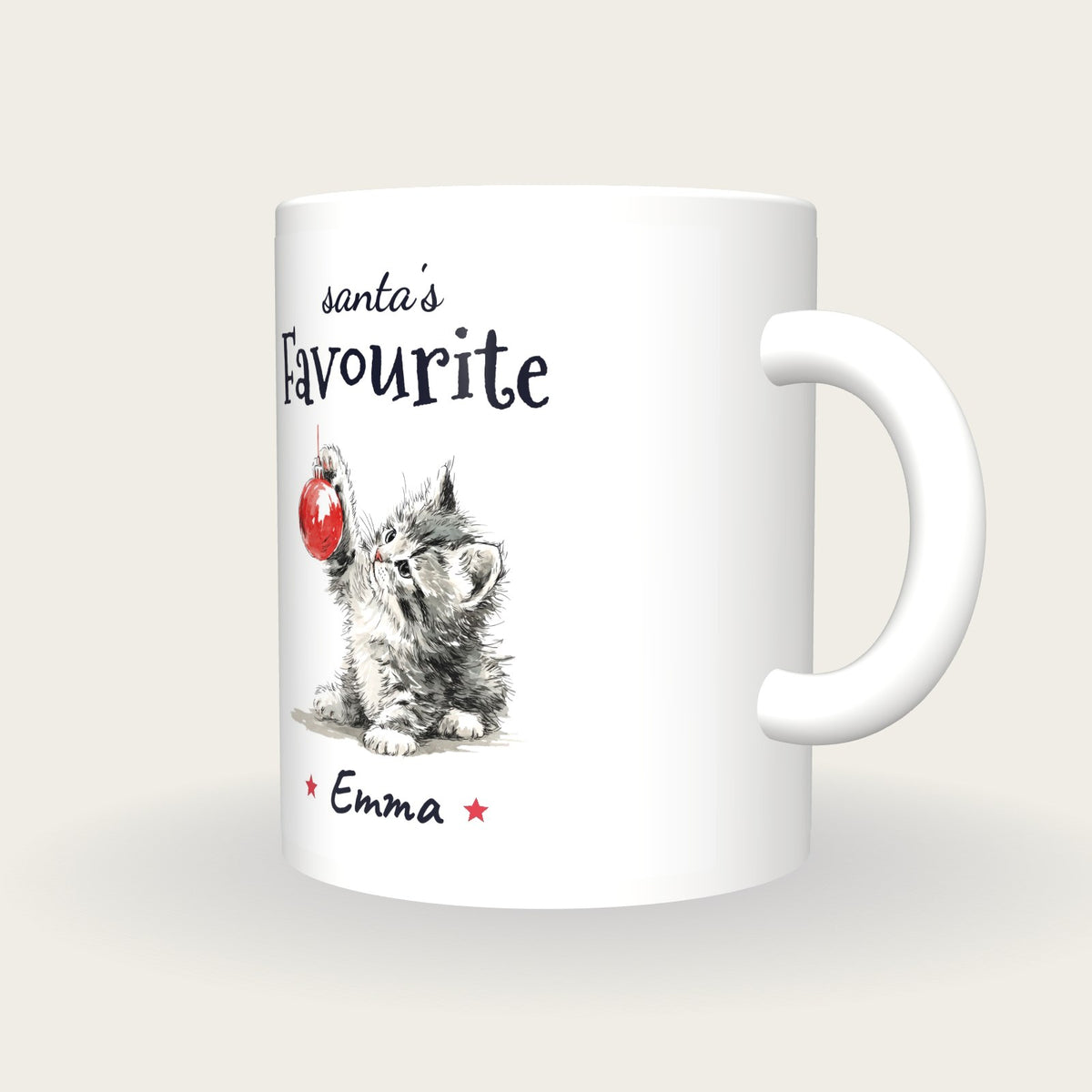 Personalised Christmas Kitten Mug, Santa's Favourite, three-quarter view