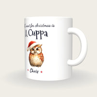 Personalised Christmas Owl Mug, All I Want For Christmas Is A Cuppa, three-quarter view