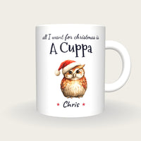 Personalised Christmas Owl Mug, All I Want For Christmas Is A Cuppa, front
