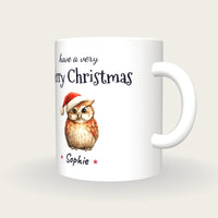 Personalised Christmas Owl Mug, Merry Christmas, three-quarter view