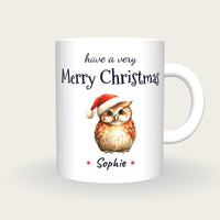 Personalised Christmas Owl Mug, Merry Christmas, front