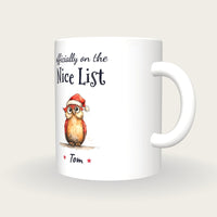 Personalised Christmas Owl Mug, On The Nice List, three-quarter view
