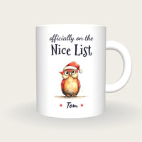 Personalised Christmas Owl Mug, On The Nice List, front
