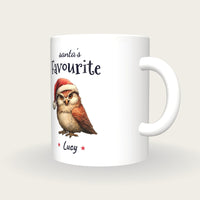Personalised Christmas Owl Mug, Santa's Favourite, three-quarter view