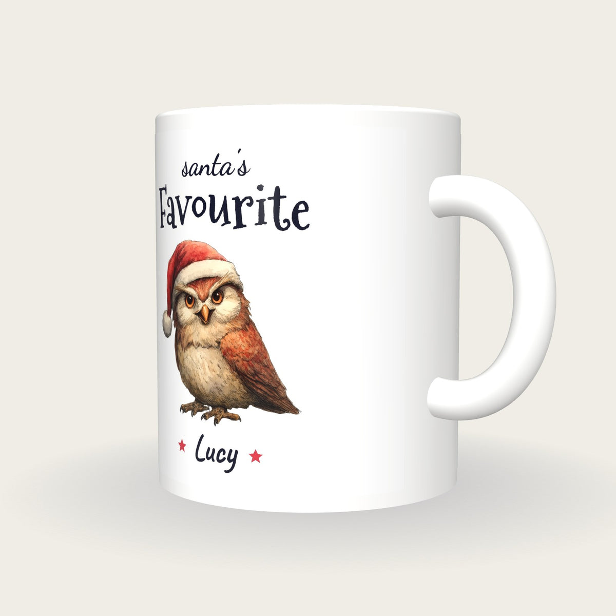 Personalised Christmas Owl Mug, Santa's Favourite, three-quarter view
