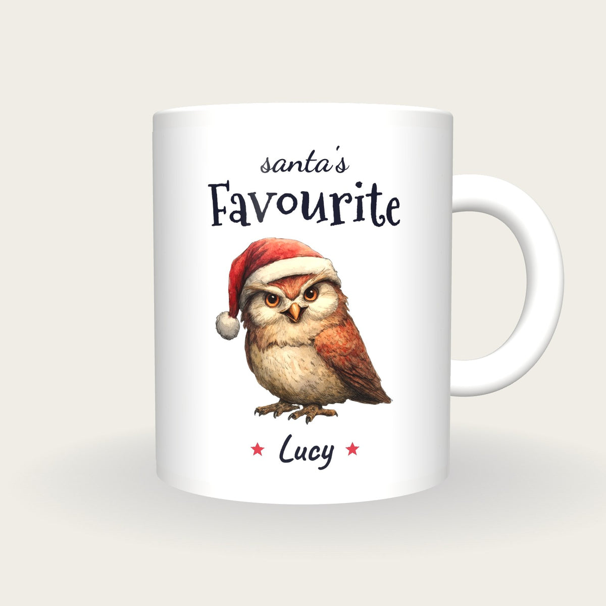 Personalised Christmas Owl Mug, Santa's Favourite, front