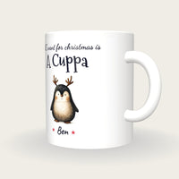 Personalised Christmas Penguin Mug, All I Want For Christmas Is A Cuppa, three-quarter view