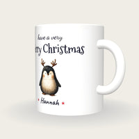 Personalised Christmas Penguin Mug, Merry Christmas, three-quarter view