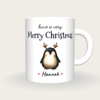 Personalised Christmas Penguin Mug, Merry Christmas, front