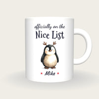 Personalised Christmas Penguin Mug, On The Nice List, front