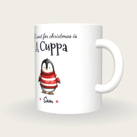 Personalised Christmas Jumper Penguin Mug, All I Want For Christmas Is A Cuppa, three-quarter view