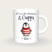 Personalised Christmas Jumper Penguin Mug, All I Want For Christmas Is A Cuppa, front
