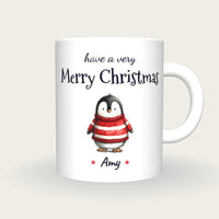 Personalised Christmas Jumper Penguin Mug, Merry Christmas, front