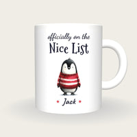 Personalised Christmas Jumper Penguin Mug, On The Nice List, front