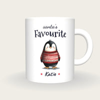 Personalised Christmas Jumper Penguin Mug, Santa's Favourite, front