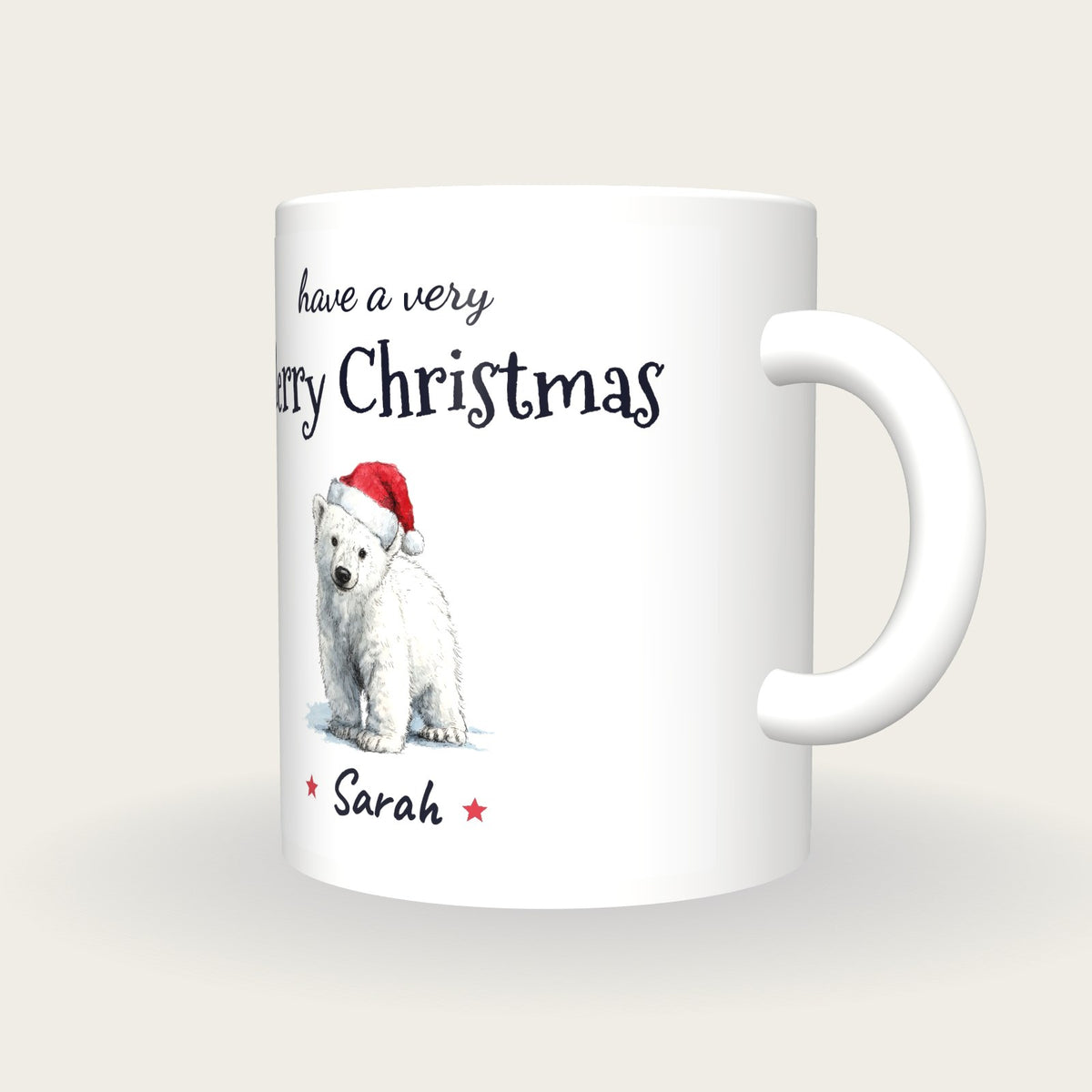 Personalised Polar Bear Santa Mug, Merry Christmas, three-quarter view