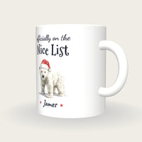 Personalised Polar Bear Santa Mug, On The Nice List, three-quarter view