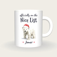 Personalised Polar Bear Santa Mug, On The Nice List, front