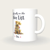 Personalised Christmas Puppy Mug, On The Nice List, three-quarter view
