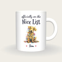 Personalised Christmas Puppy Mug, On The Nice List, front