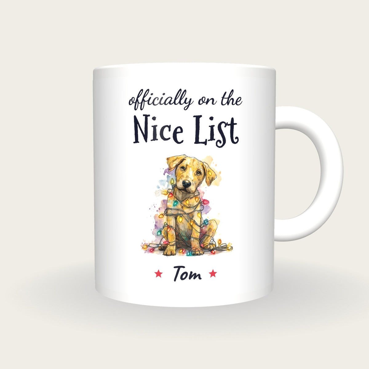 Personalised Christmas Puppy Mug, On The Nice List, front