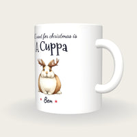Personalised Christmas Bunny Mug, All I Want For Christmas Is A Cuppa, three-quarter view
