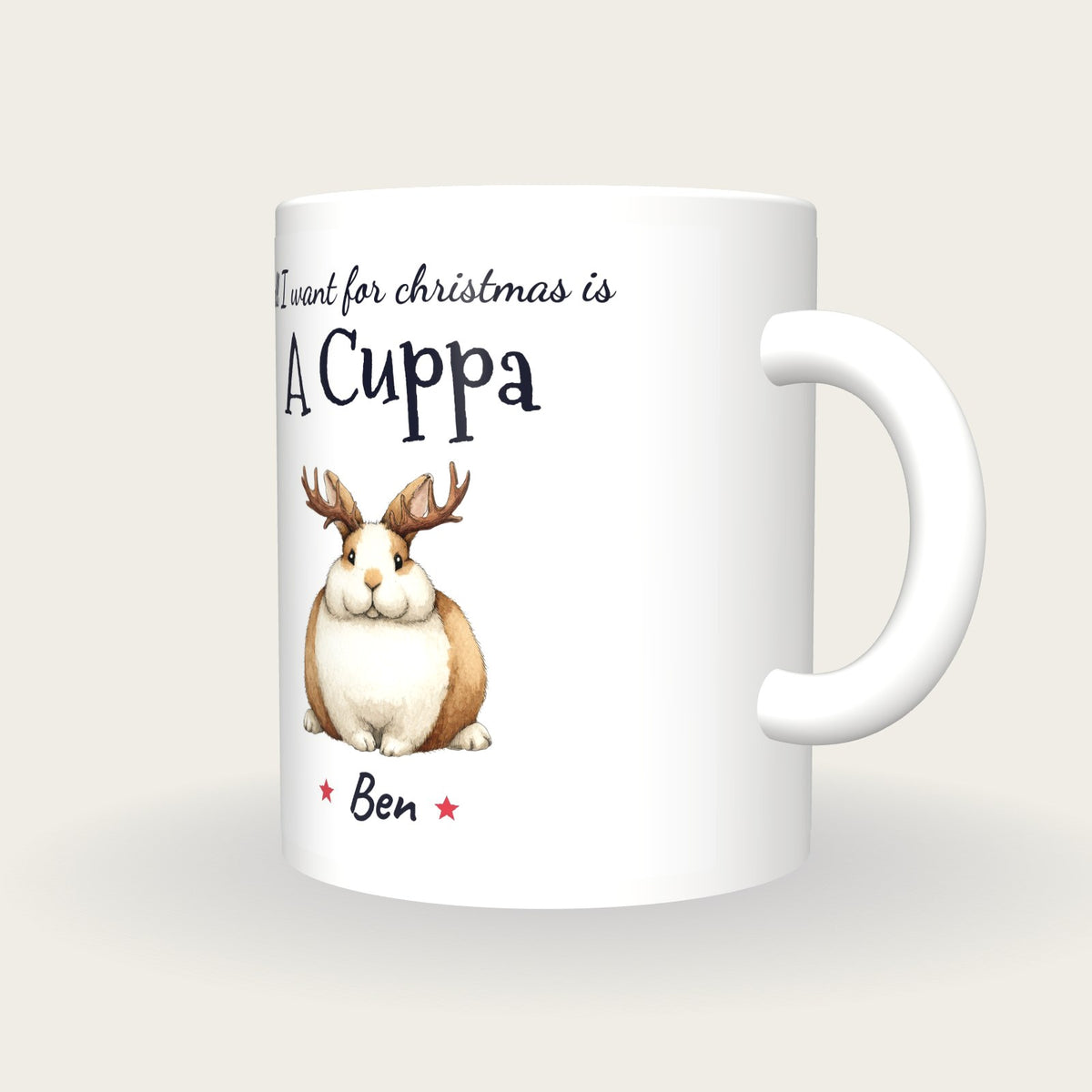Personalised Christmas Bunny Mug, All I Want For Christmas Is A Cuppa, three-quarter view