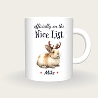 Personalised Christmas Bunny Mug, On The Nice List, front