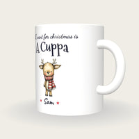 Personalised Christmas Reindeer Mug, All I Want For Christmas Is A Cuppa, three-quarter view